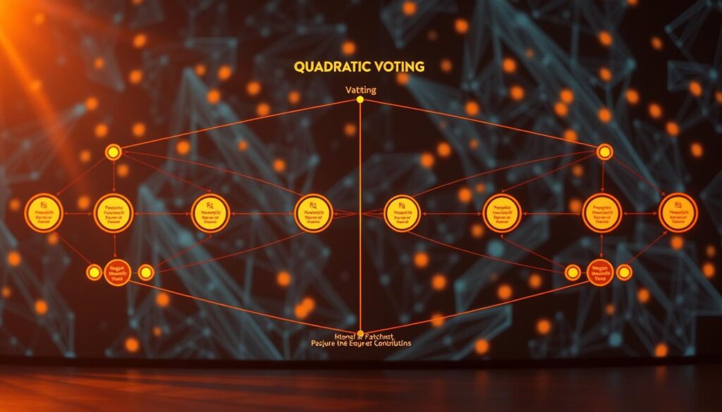 An intricate diagram depicting the mechanics of quadratic voting, illuminated by warm, directional lighting and captured through a wide-angle lens. In the foreground, a series of interconnected voting nodes, each representing a participant's influence based on the square of their contributions. The middle ground showcases a visual representation of the voting process, with weighted votes flowing between nodes and aggregating to a central decision point. The background features a sleek, abstract blockchain-inspired backdrop, hinting at the technological foundation underpinning this innovative governance model.