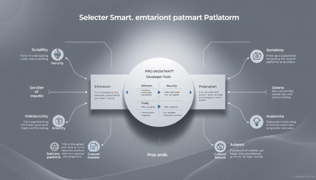 An intricate diagram showcasing the key considerations for selecting a smart contract platform. A sleek, minimalist design with a clean, tech-inspired aesthetic. The foreground features various icons and infographic elements representing factors such as scalability, security, developer tools, and ecosystem. The middle ground displays a central decision-making framework, with pros and cons for leading blockchain platforms like Ethereum, Solana, Polkadot, and Avalanche. The background blends smooth gradients and subtle geometric patterns, evoking a sense of technological sophistication. Rendered with a muted color palette and high-contrast lighting to emphasize the informative nature of the content. An intricate diagram showcasing the key considerations for selecting a smart contract platform. A sleek, minimalist design with a clean, tech-inspired aesthetic. The foreground features various icons and infographic elements representing factors such as scalability, security, developer tools, and ecosystem. The middle ground displays a central decision-making framework, with pros and cons for leading blockchain platforms like Ethereum, Solana, Polkadot, and Avalanche. The background blends smooth gradients and subtle geometric patterns, evoking a sense of technological sophistication. Rendered with a muted color palette and high-contrast lighting to emphasize the informative nature of the content.