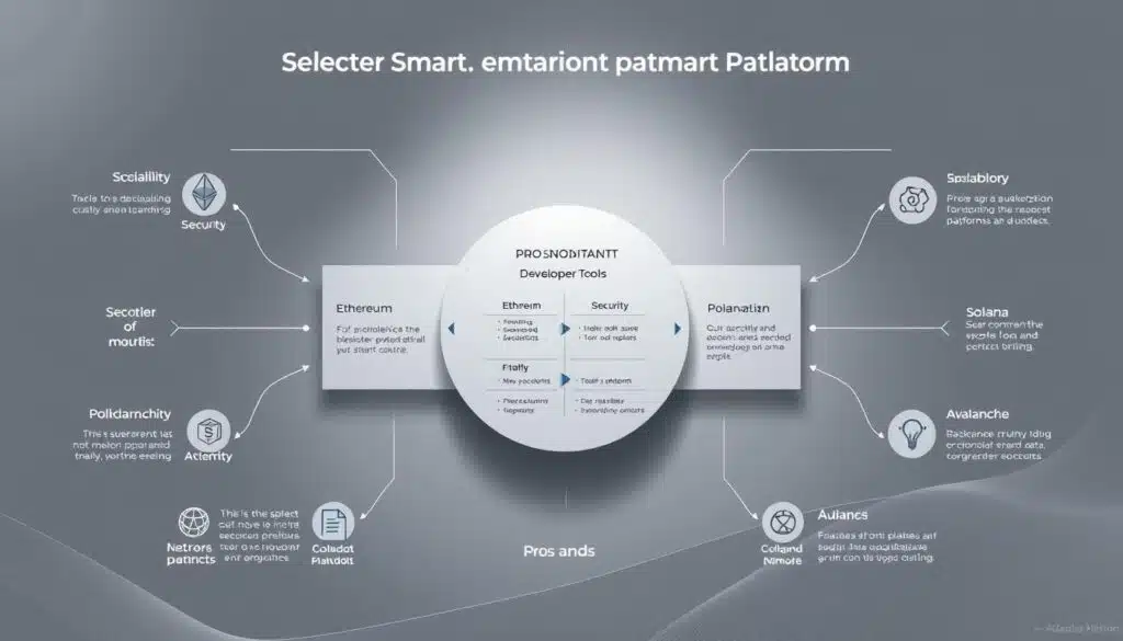 An intricate diagram showcasing the key considerations for selecting a smart contract platform. A sleek, minimalist design with a clean, tech-inspired aesthetic. The foreground features various icons and infographic elements representing factors such as scalability, security, developer tools, and ecosystem. The middle ground displays a central decision-making framework, with pros and cons for leading blockchain platforms like Ethereum, Solana, Polkadot, and Avalanche. The background blends smooth gradients and subtle geometric patterns, evoking a sense of technological sophistication. Rendered with a muted color palette and high-contrast lighting to emphasize the informative nature of the content.