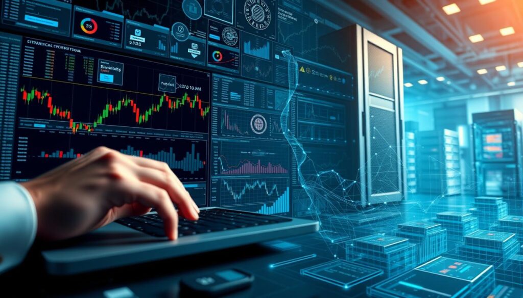 An intricate digital landscape, where financial strategies intertwine with the ever-evolving world of cryptocurrency. In the foreground, a trader's hands deftly navigate a sleek trading interface, exploring the nuances of tax-loss harvesting techniques. The middle ground is a kaleidoscope of charts, graphs, and analytical tools, offering insights into the ebb and flow of the crypto market. In the background, a towering data server stands as a testament to the technological prowess that underpins these sophisticated financial maneuvers. Soft, ambient lighting casts a contemplative glow, while the overall composition conveys a sense of calculated precision and financial acumen.