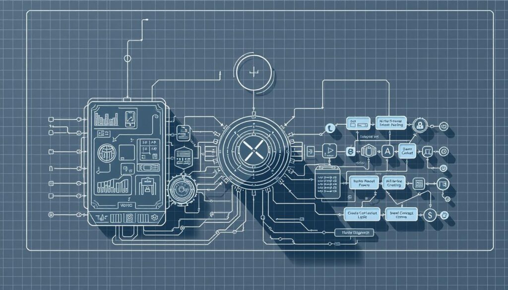 An intricate schematic illustration of a stablecoin system architecture, rendered in a technical, blueprint-like style. The foreground depicts a central control module with interconnected components representing various AI-driven algorithms, data feeds, and smart contract logic. The middle ground showcases a distributed network of nodes, wallets, and exchange platforms, all seamlessly integrated. The background features a subtle grid pattern, conveying a sense of structure and precision. The lighting is crisp and directional, casting sharp shadows to emphasize the technical details. The overall composition maintains a clean, minimalist aesthetic, with a muted color palette of grays, blues, and metallic accents to evoke a sense of sophistication and innovation.
