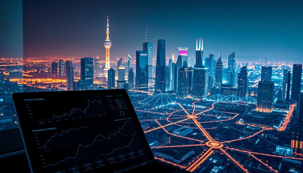 An intricate visualization of predictive analytics, showcasing a dynamic data landscape. In the foreground, a sleek dashboard displays real-time insights, with interactive charts and graphs illuminating key trends. The middle ground features a complex network of interconnected data streams, pulsing with information. In the background, a futuristic city skyline reflects the convergence of AI and analytics, casting a warm, ambient glow. Lighting is crisp and directional, emphasizing the depth and complexity of the scene. The overall mood is one of innovation, precision, and the transformative power of data-driven decision making.