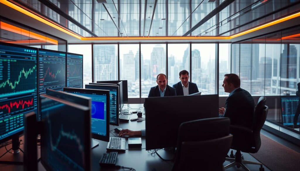 Arbitrage trading in a dynamic cryptocurrency market, captured with cinematic clarity. A trading desk in the foreground, with multiple screens displaying real-time data and market fluctuations. In the middle ground, a team of analysts and traders, their expressions intense as they monitor the ebb and flow of digital currencies. The background features a sleek, modern office environment, with floor-to-ceiling windows that reveal the bustling cityscape beyond. Dramatic lighting casts dramatic shadows, conveying the high-stakes nature of this specialized financial strategy. A sense of urgency and precision permeates the scene, as the traders leverage machine learning algorithms to capitalize on minute price discrepancies across exchanges.