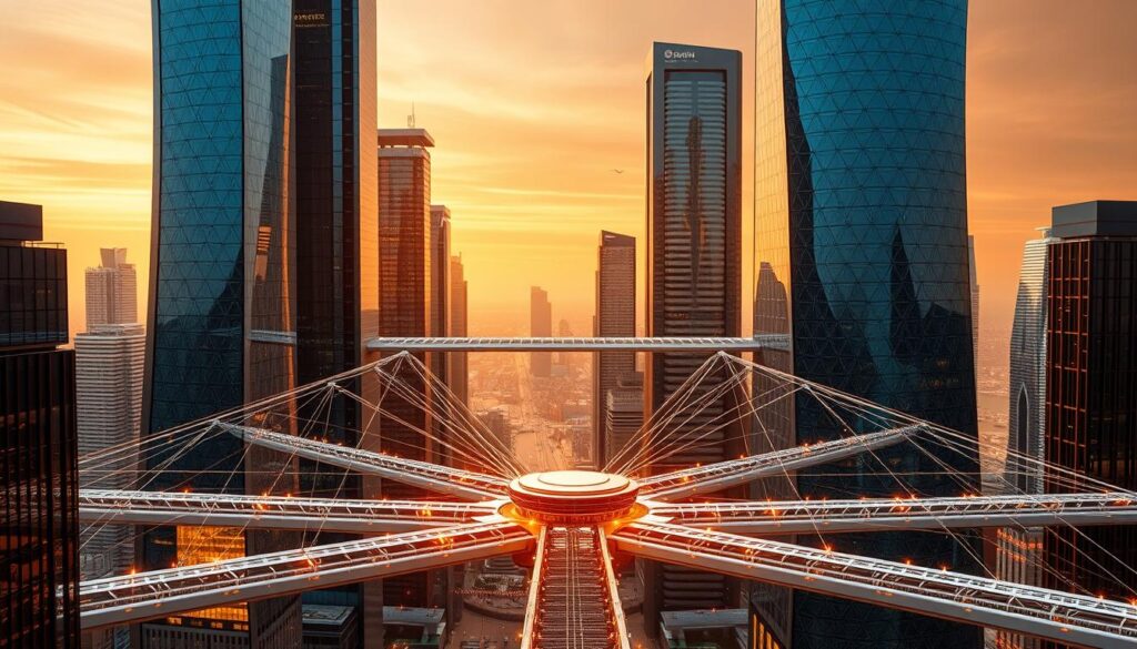 Architectural patterns interoperability: a sleek, futuristic cityscape with interconnected blockchain bridges, sidechains, and relay chains. Towering skyscrapers of gleaming glass and steel, their facades adorned with intricate geometric patterns that symbolize the harmonious integration of disparate systems. In the foreground, a central hub where multiple blockchain networks converge, linked by shimmering energy fields that evoke the flow of data and value. The background bathes in a warm, amber glow, hinting at the robust security and stability underpinning this dynamic ecosystem. Precise camera angles capture the intricate web of architectural elements, showcasing the elegant, innovative design principles that enable seamless cross-chain interoperability.