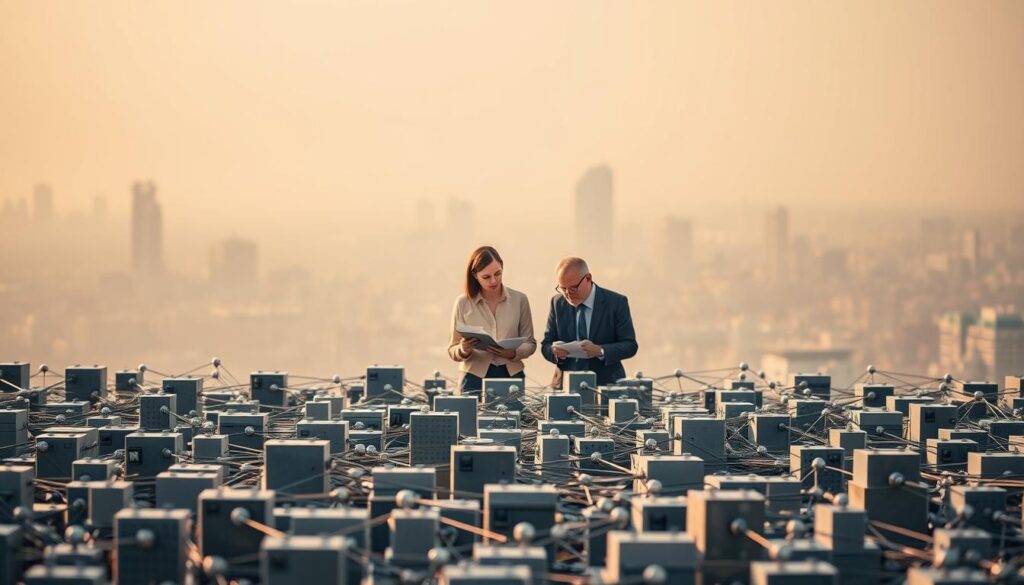Blockchain implementation costs: a complex financial landscape. In the foreground, a maze of interconnected blocks and nodes, each representing the various expenses associated with blockchain adoption - from hardware and software investments to training and maintenance costs. In the middle ground, a team of business analysts poring over financial projections, their expressions a mix of concern and determination. The background is a hazy cityscape, symbolizing the broader economic context in which small businesses must navigate the challenges of blockchain implementation. Soft, warm lighting casts a contemplative glow, inviting the viewer to consider the nuances and trade-offs inherent in this crucial business decision.