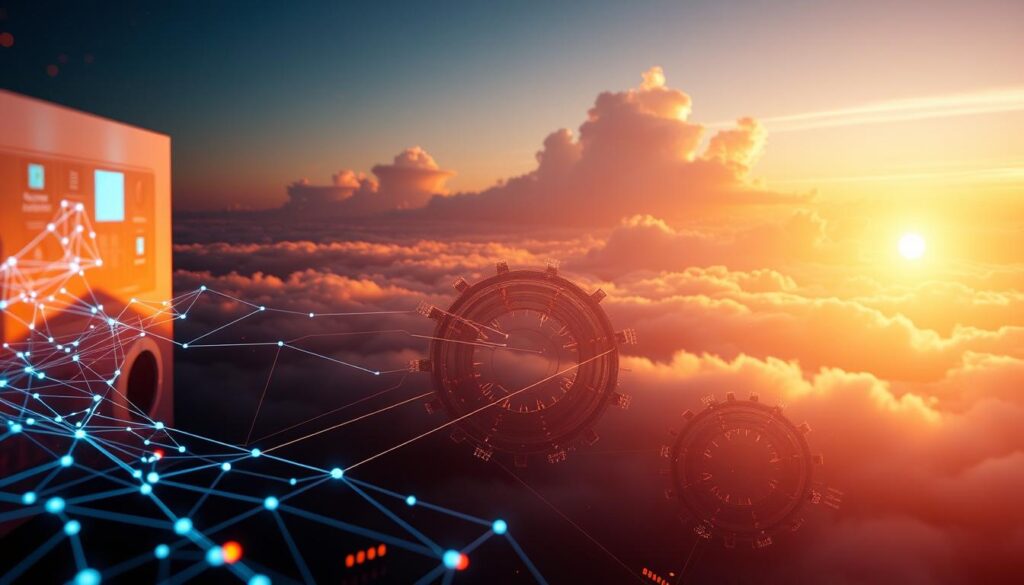 Blockchain middleware platforms, a seamless intersection of technology and interoperability. In the foreground, a sleek, futuristic interface displays interconnected nodes, representing the fluid exchange of data across disparate blockchain networks. The middle ground showcases intricate cog-like mechanisms, symbolizing the intricate yet efficient integration of legacy systems. Bathed in a warm, ethereal glow, the background depicts a serene, cloud-like environment, hinting at the scalability and resilience of these platforms. Captured through a wide-angle lens, the image conveys a sense of harmony and the promise of a future where traditional sectors seamlessly embrace the power of blockchain technology.