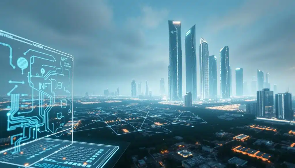 Blockchain upgrades for NFT trading, a futuristic digital landscape. In the foreground, a sleek, holographic interface showcases the seamless flow of NFT transactions, enabled by advanced cryptographic protocols. The middle ground features a network of interconnected nodes, pulsing with the energy of decentralized data exchange. In the background, towering skyscrapers of gleaming glass and steel represent the new frontier of digital commerce, where blockchain technology reigns supreme. Soft, diffused lighting casts an ethereal glow, evoking a sense of innovation and progress. The scene is captured through a wide-angle lens, conveying the vast scope and potential of these technological advancements.