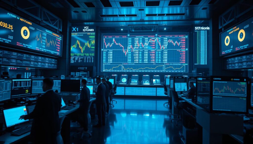 Cinematic view of a cryptocurrency futures trading platform, with a sleek and futuristic interface displayed on multiple screens. Traders stand at their desks, intently monitoring market data and executing complex derivatives transactions. The trading floor is bathed in cool, blue-tinted lighting, creating an atmosphere of high-tech finance. In the background, a large, transparent display showcases the fluctuating price charts and contract details of various crypto futures instruments. The overall scene conveys the sophistication and dynamism of the evolving cryptocurrency derivatives market. Cinematic view of a cryptocurrency futures trading platform, with a sleek and futuristic interface displayed on multiple screens. Traders stand at their desks, intently monitoring market data and executing complex derivatives transactions. The trading floor is bathed in cool, blue-tinted lighting, creating an atmosphere of high-tech finance. In the background, a large, transparent display showcases the fluctuating price charts and contract details of various crypto futures instruments. The overall scene conveys the sophistication and dynamism of the evolving cryptocurrency derivatives market.