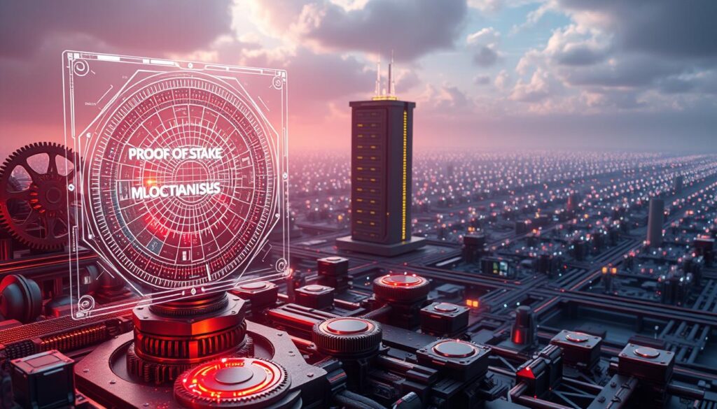 Consensus mechanisms: a futuristic landscape of interlocking gears, circuits, and data streams. In the foreground, a holographic display showcases the intricate workings of a proof-of-stake protocol, its elegant algorithms shimmering with digital energy. The middle ground features a towering blockchain node, its servers humming with the rhythm of distributed consensus. In the background, a vast network of connected devices, each a node in a decentralized ecosystem, bathed in a soft, ambient glow. The scene radiates a sense of technological wonder, where the complexities of consensus are made visible and tangible, inviting the viewer to explore the inner workings of this fundamental aspect of blockchain technology.