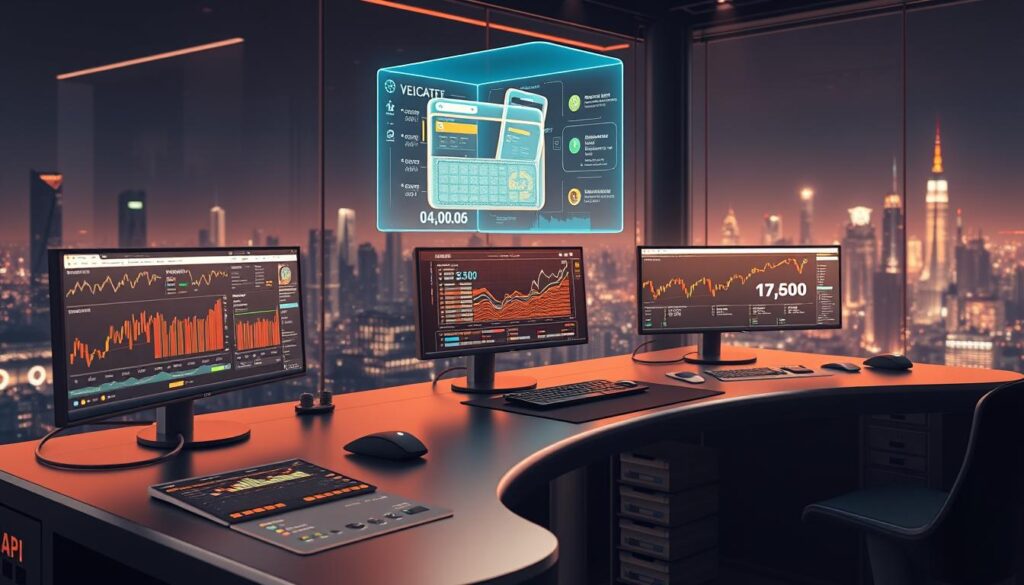 Crypto API Integration Tools: A futuristic workstation setup featuring a sleek, metallic desk with multiple displays showcasing various cryptocurrency trading platforms and APIs. In the foreground, a 3D-rendered holographic projection of a digital wallet interface hovers above the desk, surrounded by glowing, neon-colored charts and graphs. The middle ground features an array of minimalist, touch-sensitive control panels and input devices, while the background is a serene, dark cityscape with skyscrapers and a glowing, cyberpunk-inspired skyline. The scene is illuminated by a warm, directional light source, casting dramatic shadows and lending an air of professionalism and technological sophistication.