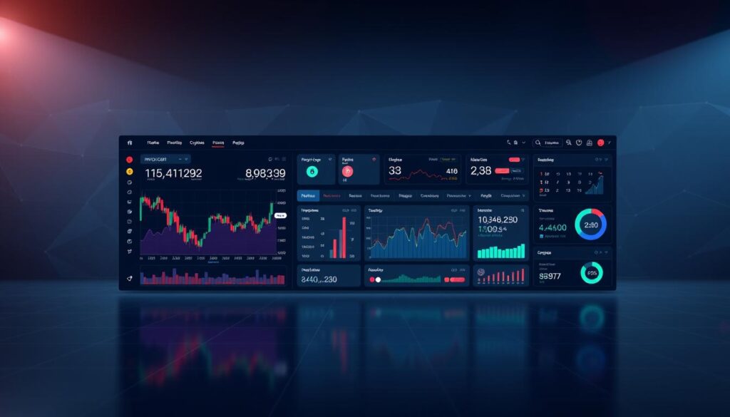 Crypto Data Visualization Dashboard: A sleek, modern interface showcases real-time data visualizations of the cryptocurrency market. In the foreground, a high-resolution graph tracks the fluctuating prices of major digital assets, rendered in a vibrant color palette. The middle ground features an array of interactive charts and analytic tools, allowing users to deep dive into trading volumes, market caps, and historical trends. In the background, a subdued geometric pattern creates a minimalist, tech-inspired atmosphere, complemented by subtle lighting and depth-of-field effects that draw the eye towards the central data displays. The overall composition conveys a sense of clarity, control, and informed decision-making in the dynamic world of cryptocurrency.