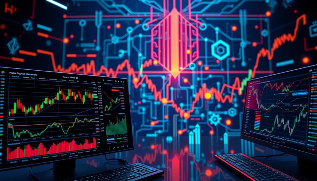 Crypto Exchange Data Integration: a vibrant, data-driven visualization showcasing the seamless flow of real-time cryptocurrency market data. In the foreground, sleek dashboards display live trading metrics, candlestick charts, and order book depth. Amid a backdrop of stylized transaction flows and blockchain infrastructure, the middle ground features interlinked data streams from multiple exchanges, symbolizing the interconnected nature of the global crypto ecosystem. Subtle neon accents and a cool, tech-inspired color palette evoke a sense of cutting-edge financial technology. Crisp lighting and a dynamic camera angle convey a sense of energy and innovation, perfectly capturing the essence of integrating diverse data sources for comprehensive market analysis.