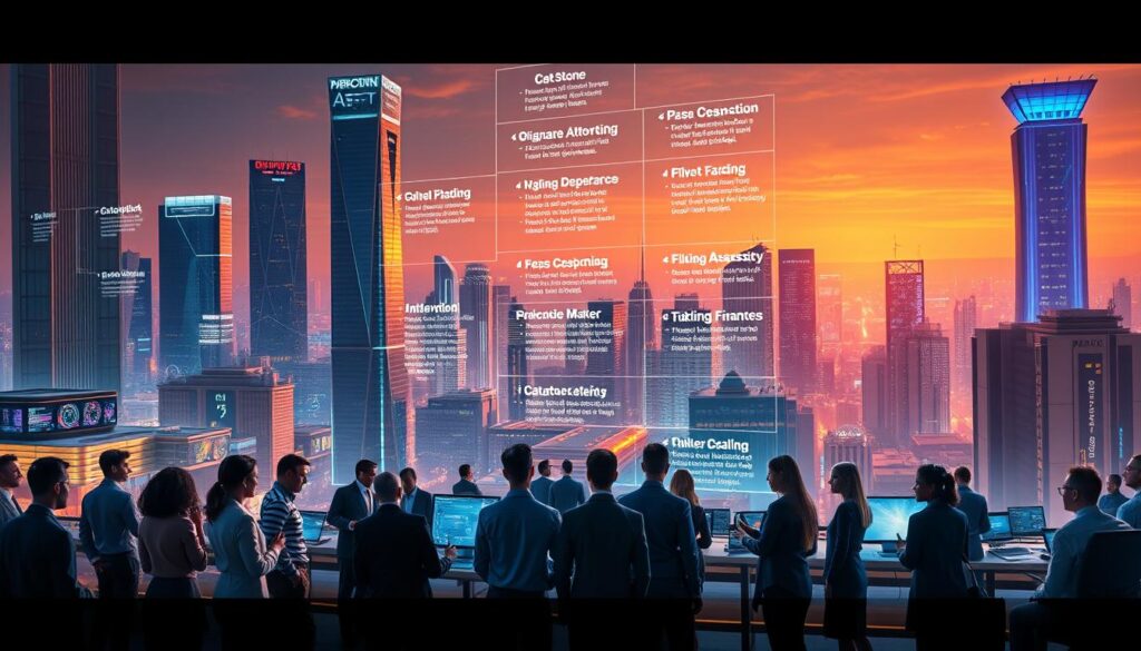 Crypto Industry Career Opportunities: A futuristic city skyline with towering skyscrapers and holographic displays showcasing a wide range of digital finance roles. In the foreground, a group of diverse professionals in business attire, some engaged in animated discussions, others examining holographic projections. The middle ground features a bustling tech hub with coding stations, data visualization screens, and collaborative workspaces. The background is bathed in a warm, neon-tinged glow, conveying the dynamic and innovative nature of the crypto industry. Cinematic lighting and a wide-angle lens create a sense of grandeur and opportunity, inviting the viewer to envision themselves as part of this cutting-edge, tech-driven landscape.