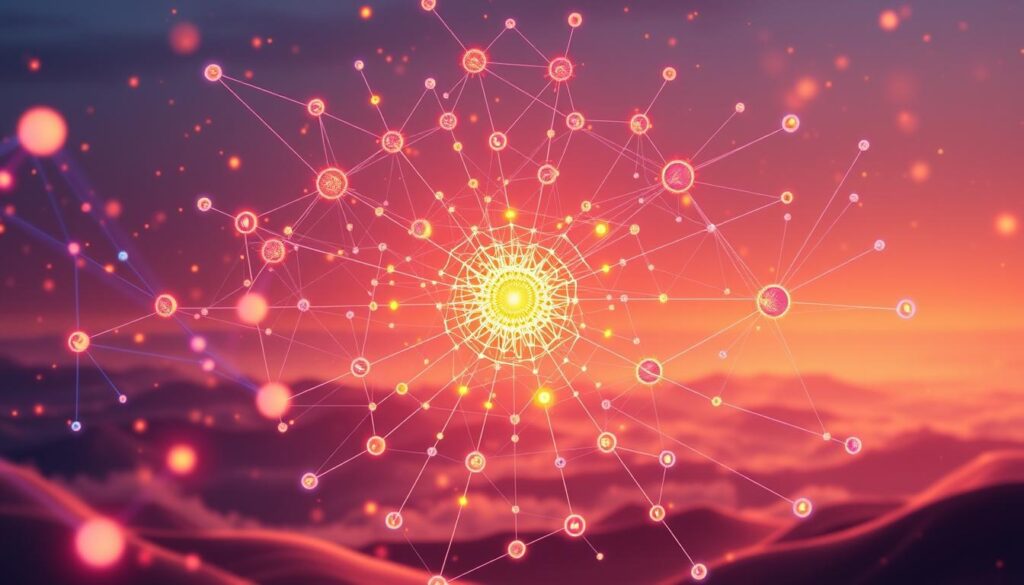 Crypto Network Effects Visualization: A vibrant, abstract composition showcasing the interconnected nature of a thriving cryptocurrency ecosystem. In the foreground, a central node representing the core network, its radiant energy pulsing outward through intricate, luminescent pathways. Surrounding it, a dynamic web of nodes in varying sizes, each one a unique participant in the system, connected by glowing, web-like filaments. The middle ground features a striking interplay of geometric shapes and fluid, organic forms, suggesting the complex interactions and feedback loops that drive user adoption and network growth. In the background, a dreamlike, ethereal landscape with a soft, warm glow, evoking a sense of the boundless potential and transformative power of decentralized networks.