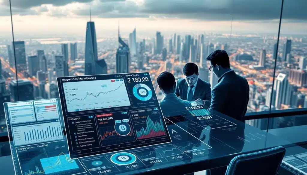 Crypto Risk Management Tools: A detailed illustration showcasing an array of digital financial tools against a backdrop of a sleek, modern cityscape. In the foreground, a holographic display presents intuitive dashboards for monitoring market volatility, position sizing, and risk management strategies. The middle ground features a team of analysts closely examining data visualizations and algorithmic trading algorithms. In the background, a panoramic view of a bustling metropolis reflects the dynamic nature of the cryptocurrency market. Dramatic lighting and a cool color palette convey a sense of precision, control, and the high-stakes world of crypto trading.