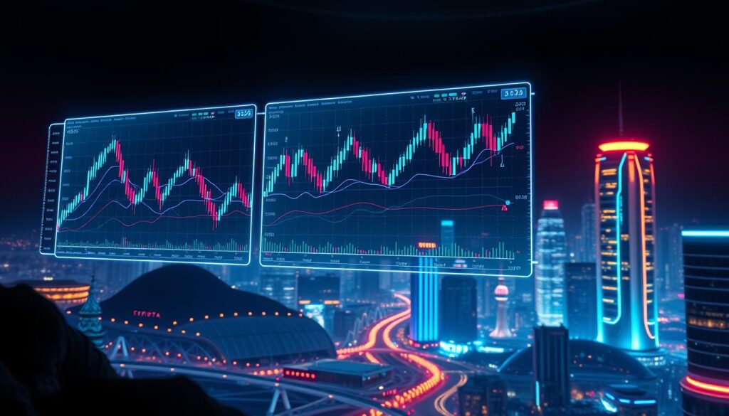 Crypto Technical Analysis Charts: a futuristic data visualization landscape, featuring a trio of holographic financial charts floating in a dimly lit, neon-tinged environment. The charts display complex line graphs, candlestick patterns, and technical indicators, rendered in a sleek, high-tech style. The foreground is dominated by the pulsing, data-driven visualizations, while the middle ground showcases a network of glowing lines and geometric shapes, suggestive of the underlying blockchain infrastructure. In the distant background, a cityscape of gleaming skyscrapers and neon-soaked streets creates a sense of a bustling, technology-driven metropolis. Dramatic lighting from above casts dramatic shadows, heightening the sense of depth and drama. Overall, the image conveys the power, complexity, and dynamism of cryptocurrency technical analysis.