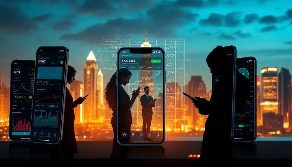 Crypto Trading Mobile Apps: A sleek, modern interface showcases a variety of mobile crypto trading apps against a backdrop of a cityscape skyline. In the foreground, detailed renderings of smartphone screens display real-time market data, portfolio management tools, and intuitive trading functionalities. The middle ground features silhouettes of traders immersed in their devices, surrounded by a glowing holographic grid of financial metrics. The background is bathed in a warm, futuristic glow, conveying a sense of technological sophistication and financial empowerment. Dramatic lighting and a cinematic camera angle create a sense of depth and dynamism, highlighting the seamless integration of mobile technology and the cryptocurrency market.
