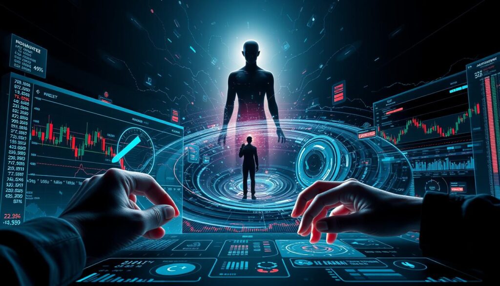 Crypto Trading Risk Management: A surreal, avant-garde scene depicting the complex interplay of market forces, financial data, and the human element. In the foreground, a trader's hands manipulate holographic trading charts, their movements fluid and precise. The middle ground features a swirling vortex of data streams, algorithms, and risk indicators, all converging in a mesmerizing display. In the distance, a towering, faceless figure symbolizes the ever-present specter of market volatility, casting a contemplative shadow over the entire scene. Dramatic lighting, with cool tones and subtle chiaroscuro, heightens the sense of tension and uncertainty inherent in the crypto trading landscape.