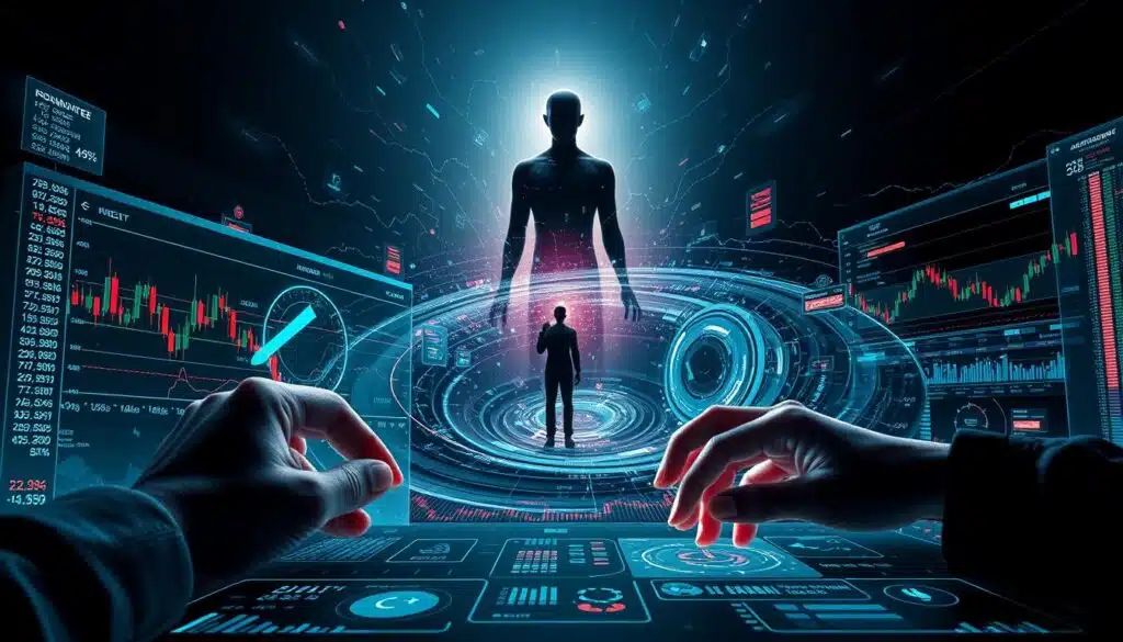 Crypto Trading Risk Management: A surreal, avant-garde scene depicting the complex interplay of market forces, financial data, and the human element. In the foreground, a trader's hands manipulate holographic trading charts, their movements fluid and precise. The middle ground features a swirling vortex of data streams, algorithms, and risk indicators, all converging in a mesmerizing display. In the distance, a towering, faceless figure symbolizes the ever-present specter of market volatility, casting a contemplative shadow over the entire scene. Dramatic lighting, with cool tones and subtle chiaroscuro, heightens the sense of tension and uncertainty inherent in the crypto trading landscape.