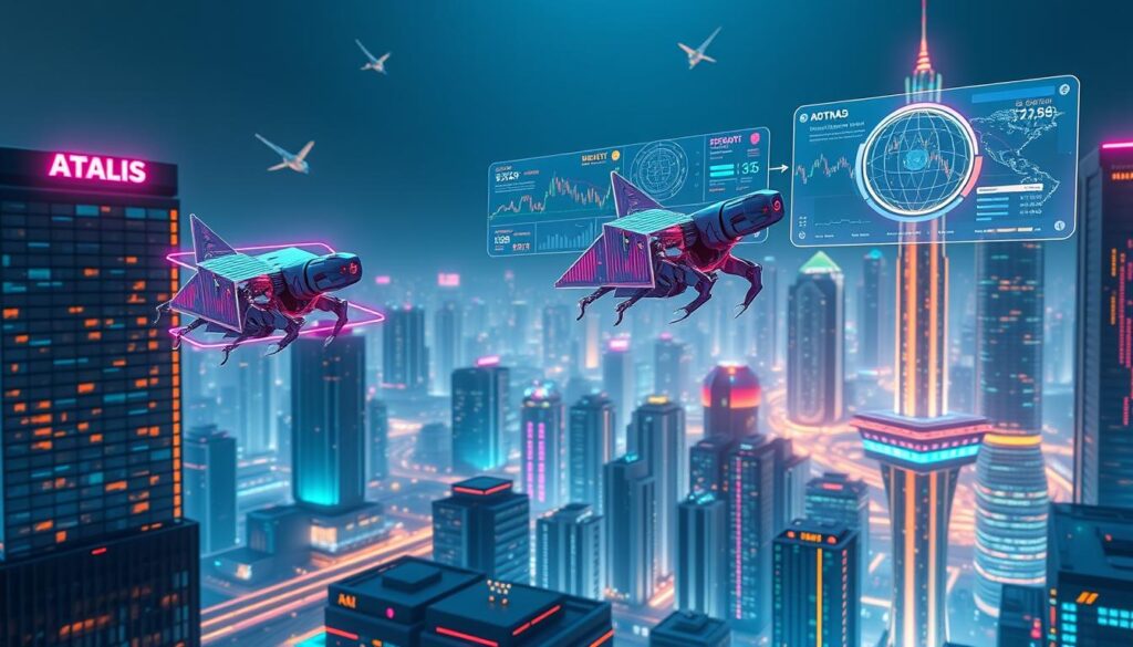 Crypto trading bots gliding across multiple digital exchange platforms, their algorithms navigating the ever-changing markets with precision. Sleek, angular interfaces display real-time data, colorful visualizations pulsing with the rhythm of the trades. Floating holographic panels showcase complex predictive models, AI-driven strategies optimizing for maximum returns. A futuristic, neon-lit cityscape provides the backdrop, skyscrapers of data centers humming with computational power. Diffused lighting casts an ethereal glow, lending an atmosphere of technological mastery and financial prowess. This is the AI-powered world of crypto derivatives trading, a symphony of human ingenuity and machine intelligence. Crypto trading bots gliding across multiple digital exchange platforms, their algorithms navigating the ever-changing markets with precision. Sleek, angular interfaces display real-time data, colorful visualizations pulsing with the rhythm of the trades. Floating holographic panels showcase complex predictive models, AI-driven strategies optimizing for maximum returns. A futuristic, neon-lit cityscape provides the backdrop, skyscrapers of data centers humming with computational power. Diffused lighting casts an ethereal glow, lending an atmosphere of technological mastery and financial prowess. This is the AI-powered world of crypto derivatives trading, a symphony of human ingenuity and machine intelligence.