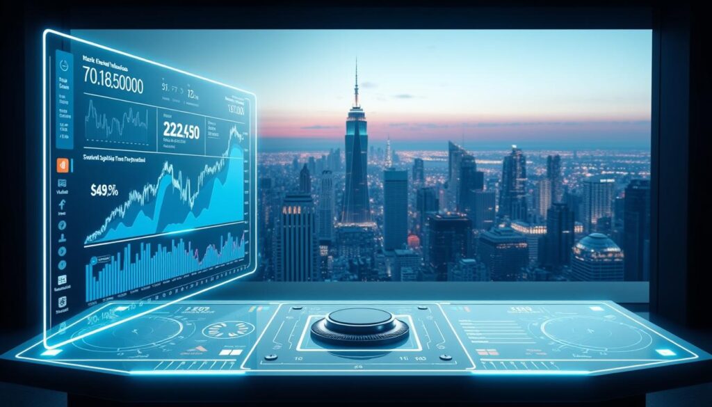 Cryptocurrency Financial Metrics Analysis - a sleek, data-driven visualization. In the foreground, a holographic display showcases dynamic charts and graphs, presenting key metrics like trading volume, market capitalization, and price fluctuations. The middle ground features a futuristic control panel, with touchscreen interfaces and algorithmic visualizations. In the background, a minimalist cityscape stretches out, with gleaming skyscrapers and a vibrant, neon-tinged skyline. Soft, directional lighting illuminates the scene, creating a sense of depth and precision. The overall atmosphere conveys a fusion of traditional financial analysis and cutting-edge cryptocurrency technology.