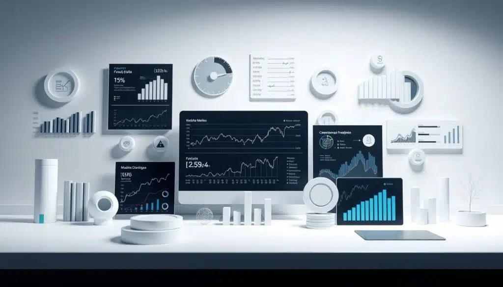 Cryptocurrency Fundamental Analysis Techniques: A detailed 3D illustration showcasing various financial metrics and data visualizations. Featuring a clean, minimalist design with a focus on sleek charts, graphs, and infographics against a neutral background. The scene is illuminated by soft, directional lighting that casts subtle shadows, enhancing the depth and dimensionality of the elements. The camera angle is slightly elevated, providing an overview of the comprehensive analytical tools and techniques used to evaluate the intrinsic value of cryptocurrencies based on news events and market data.