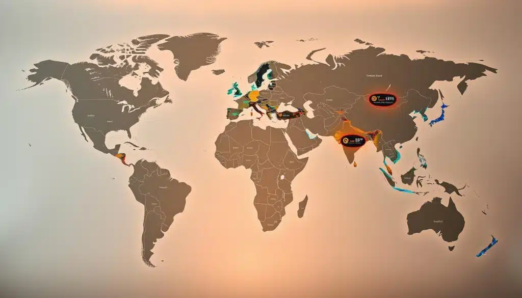 Cryptocurrency Global Market Geographic Trends A detailed map of the world, illuminated by a soft, warm light. Continents and countries are depicted in muted tones, with subtle borders and topographical features. Overlaying the map, colorful data visualizations emerge, showcasing cryptocurrency adoption and trading patterns across different regions. Pulsing data streams and dynamic charts illustrate the ebb and flow of global cryptocurrency activity, revealing distinct geographic trends and hotspots. The scene conveys a sense of interconnectedness, with the world map serving as the backdrop for the ever-evolving cryptocurrency landscape. The overall composition is sleek, informative, and visually striking, inviting the viewer to explore the geographic factors shaping the cryptocurrency market.