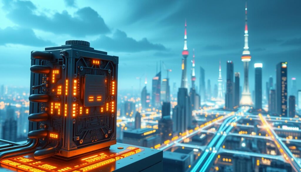 Detailed 3D illustration of the proof-of-stake blockchain consensus mechanism. In the foreground, a validator node performs the staking and verification process, with complex circuitry and glowing blockchain data streams. In the middle ground, a network of interconnected validator nodes validates transactions and updates the distributed ledger. In the background, a futuristic cityscape with skyscrapers and glowing towers, symbolizing the global scale of the blockchain network. Lighting is dramatic, with a mix of cool blue tones and warm highlights, creating a sense of technological sophistication and power. The overall scene conveys the secure, decentralized, and scalable nature of the proof-of-stake consensus protocol. Detailed 3D illustration of the proof-of-stake blockchain consensus mechanism. In the foreground, a validator node performs the staking and verification process, with complex circuitry and glowing blockchain data streams. In the middle ground, a network of interconnected validator nodes validates transactions and updates the distributed ledger. In the background, a futuristic cityscape with skyscrapers and glowing towers, symbolizing the global scale of the blockchain network. Lighting is dramatic, with a mix of cool blue tones and warm highlights, creating a sense of technological sophistication and power. The overall scene conveys the secure, decentralized, and scalable nature of the proof-of-stake consensus protocol.