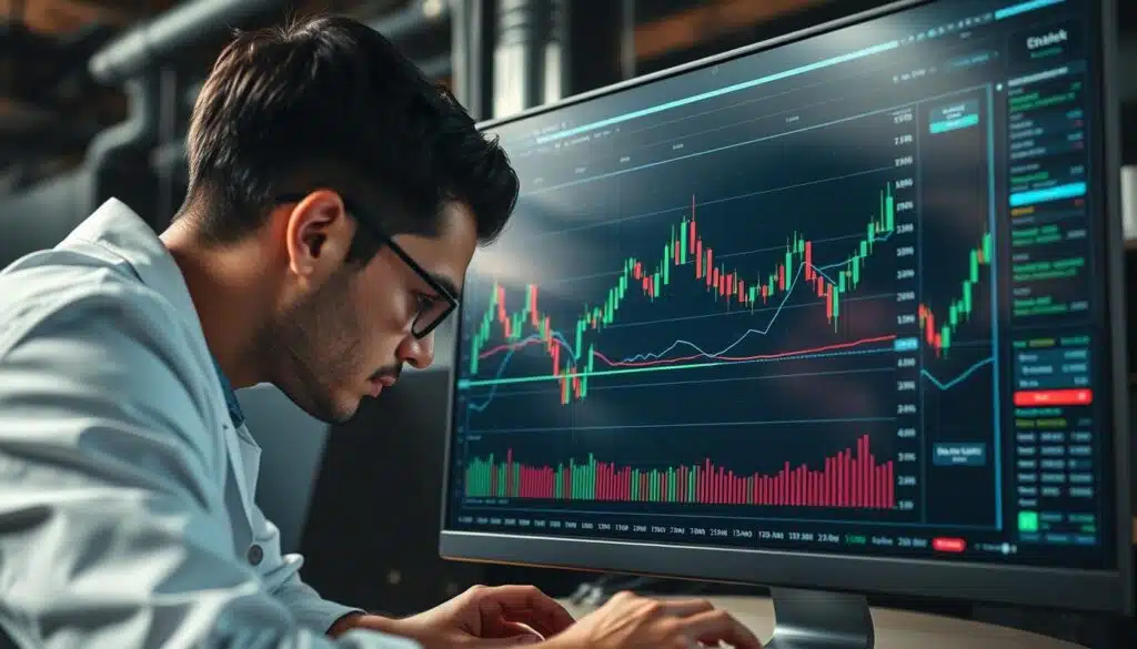 Detailed backtesting interface with historical crypto futures data visualized on a high-resolution computer display. Precise line graphs, candlestick charts, and technical indicators against a dark industrial backdrop. Sleek metal UI elements and subtle ambient lighting create a focused, analytical atmosphere. A data scientist leans in, studying the patterns with intense concentration. The scene conveys the rigor and precision required to develop AI-powered trading strategies that can consistently outperform the market.