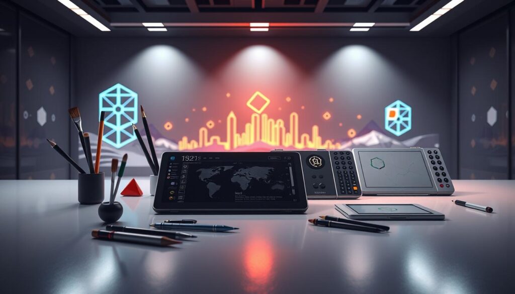 Detailed blockchain-inspired digital art tools in a sleek, modern studio setting. In the foreground, various stylized brushes, pencils, and digital tablets hover over a smooth, reflective surface. The middle ground features an array of customizable UI elements, icons, and user interface controls. In the background, a serene landscape of geometric, low-poly blockchain structures and glowing nodes create a futuristic, technological atmosphere. Dramatic studio lighting casts dynamic shadows, highlighting the advanced features and cutting-edge capabilities of these specialized NFT art creation tools.