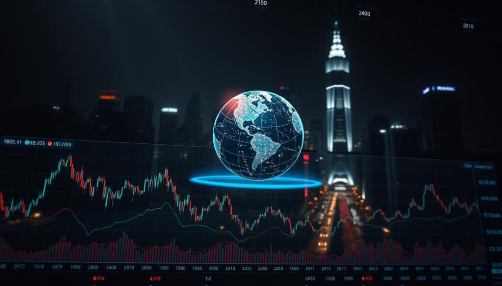 Detailed cryptocurrency market data displayed on a digital dashboard. In the foreground, a series of line graphs and charts showcasing historical price movements, trading volumes, and other key metrics. The middle ground features a floating holographic globe, with data visualizations pulsing across its surface. In the background, a dark, futuristic cityscape with towering skyscrapers and neon-lit streets, conveying the high-tech, fast-paced nature of the crypto markets. Dramatic lighting casts long shadows, creating a sense of depth and atmosphere. The overall impression is one of precision, dynamism, and the increasing sophistication of crypto market analysis tools.