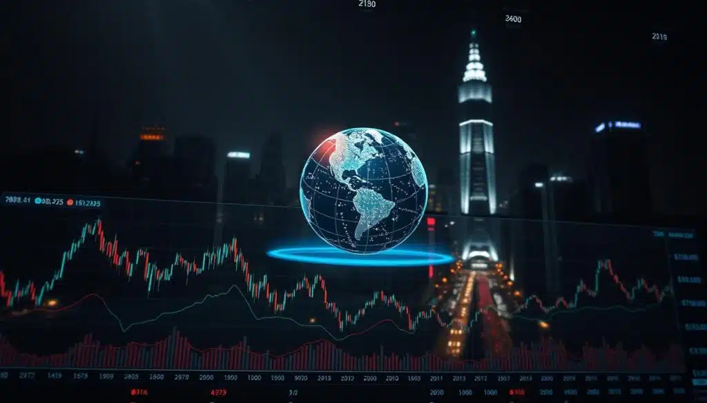 Detailed cryptocurrency market data displayed on a digital dashboard. In the foreground, a series of line graphs and charts showcasing historical price movements, trading volumes, and other key metrics. The middle ground features a floating holographic globe, with data visualizations pulsing across its surface. In the background, a dark, futuristic cityscape with towering skyscrapers and neon-lit streets, conveying the high-tech, fast-paced nature of the crypto markets. Dramatic lighting casts long shadows, creating a sense of depth and atmosphere. The overall impression is one of precision, dynamism, and the increasing sophistication of crypto market analysis tools. Detailed cryptocurrency market data displayed on a digital dashboard. In the foreground, a series of line graphs and charts showcasing historical price movements, trading volumes, and other key metrics. The middle ground features a floating holographic globe, with data visualizations pulsing across its surface. In the background, a dark, futuristic cityscape with towering skyscrapers and neon-lit streets, conveying the high-tech, fast-paced nature of the crypto markets. Dramatic lighting casts long shadows, creating a sense of depth and atmosphere. The overall impression is one of precision, dynamism, and the increasing sophistication of crypto market analysis tools.