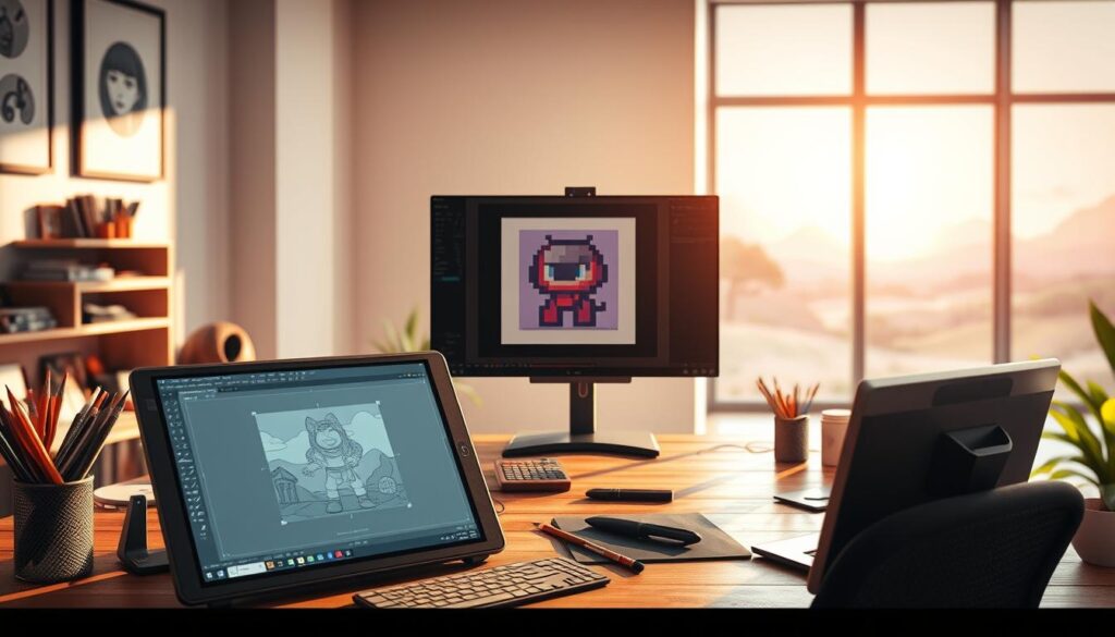 Detailed digital artwork preparation for pixel art NFTs. A vibrant workspace with a desktop computer, graphics tablet, and various art tools like pencils and paints. Soft, natural lighting illuminates the scene, casting warm shadows. The foreground features an open graphics software interface with pixel art editing tools. In the middle ground, a framed pixel art character design takes center stage. The background showcases a minimalist room with a large window overlooking a serene, pixel-inspired landscape. The overall atmosphere is focused, creative, and ready to inspire the creation of unique pixel art NFTs.