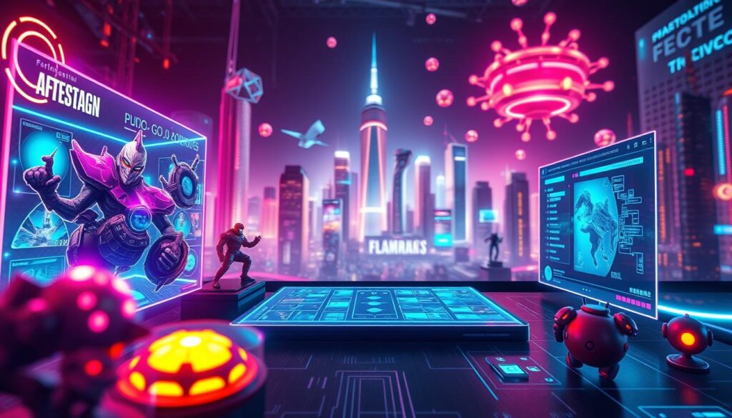Detailed digital collectibles and gaming applications displayed in a visually stunning, futuristic environment. Vibrant neon colors and holographic elements in the foreground, highlighting unique NFT assets and interactive gameplay interfaces. In the middle ground, a sleek, minimalist user interface showcasing various DApps and virtual worlds. The background features a cityscape of towering skyscrapers and floating data structures, conveying a sense of technological innovation and the convergence of physical and digital realms. Dramatic lighting, depth of field, and cinematic camera angles create a captivating, immersive scene that encapsulates the dynamic potential of blockchain-powered digital assets and gaming experiences. Detailed digital collectibles and gaming applications displayed in a visually stunning, futuristic environment. Vibrant neon colors and holographic elements in the foreground, highlighting unique NFT assets and interactive gameplay interfaces. In the middle ground, a sleek, minimalist user interface showcasing various DApps and virtual worlds. The background features a cityscape of towering skyscrapers and floating data structures, conveying a sense of technological innovation and the convergence of physical and digital realms. Dramatic lighting, depth of field, and cinematic camera angles create a captivating, immersive scene that encapsulates the dynamic potential of blockchain-powered digital assets and gaming experiences.