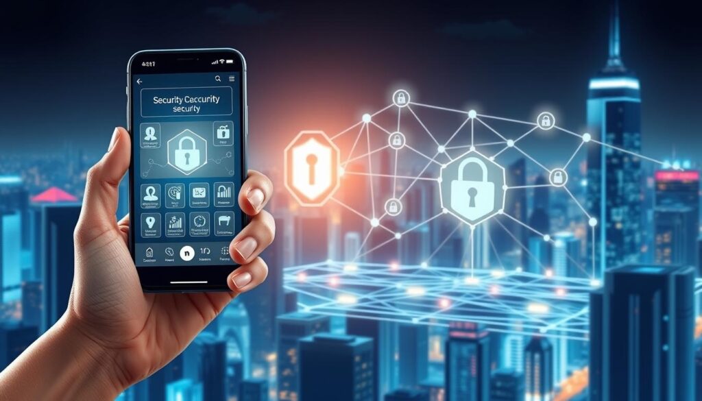 Detailed digital illustration of a cryptocurrency mobile app's security methods. In the foreground, a user's hand holds a smartphone displaying various security icons and features, such as biometric authentication, two-factor verification, and encryption. The middle ground showcases a secure blockchain network, with nodes and data transmission visualized in a high-tech, futuristic style. The background features a cityscape of skyscrapers, conveying a sense of a modern, technologically-advanced environment. The lighting is cool-toned, with subtle neon accents, creating an atmospheric, cyberpunk-inspired ambiance. The overall composition emphasizes the robust security measures implemented within the cryptocurrency app.
