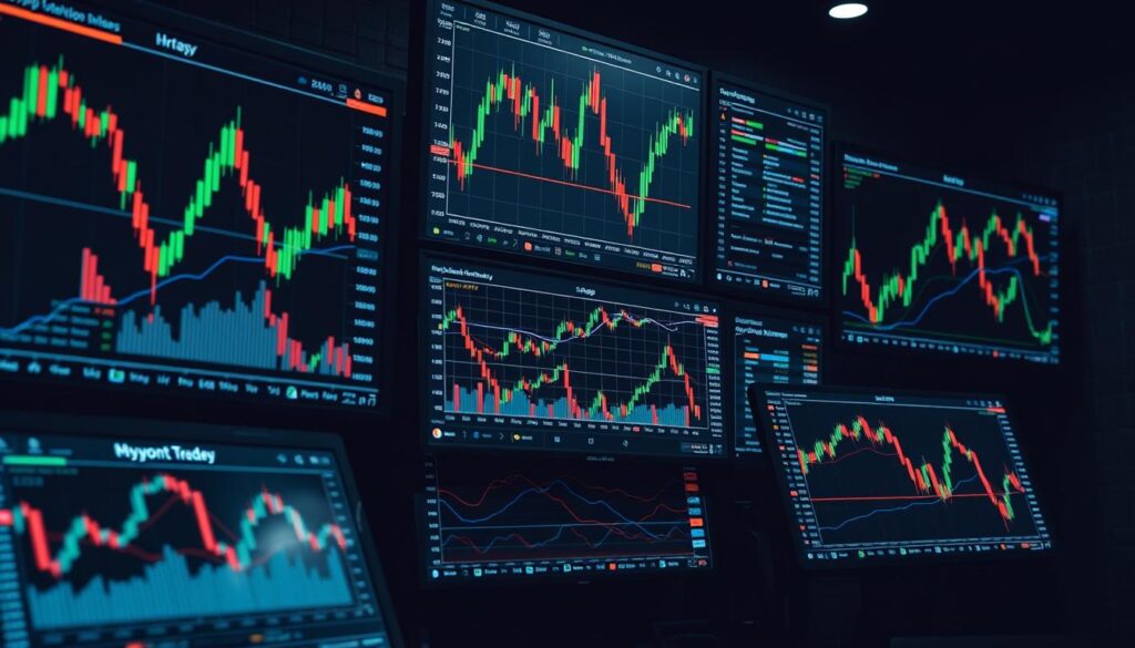 Detailed, high-resolution image of crypto trading technical analysis tools, including candlestick charts, moving averages, oscillators, and other indicators displayed on multiple digital screens. Sleek, minimalist design with a dark color scheme and metallic accents. Soft, directional lighting illuminates the screens, creating depth and shadows. Camera positioned slightly above the setup, capturing the tools from an angle that emphasizes the complexity and sophistication of the data analysis. Conveys a sense of precision, efficiency, and the power of data-driven decision making in the crypto markets.