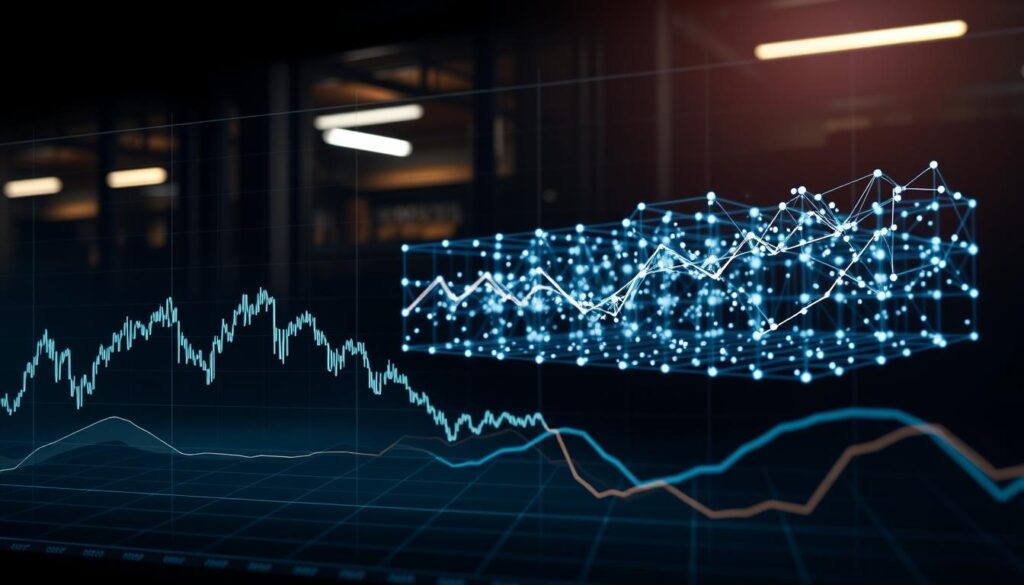 Detailed historical price data analysis, visualized with a striking 3D data visualization. In the foreground, a sleek and modern financial chart showcases the fluctuations of asset prices over time, rendered with precise attention to line thickness, color gradients, and data points. The middle ground features a dynamic, three-dimensional grid of interconnected data points, pulsing and shifting to illustrate the complex relationships between price movements. The background depicts a dimly lit, industrial-style setting, with moody lighting and a subtle sense of depth, creating an atmosphere of analytical intensity. The overall composition conveys a sense of deep insight and understanding into the historical performance of the asset, a crucial element for an expert AI-driven price forecast.