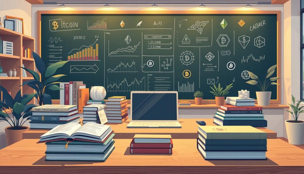 Detailed illustration of a modern learning space focused on cryptocurrency and blockchain technology. In the foreground, a variety of textbooks, online courses, and informative videos are neatly displayed on a minimalist wooden desk. The middle ground features a sleek laptop and tablet, symbolizing digital learning resources. In the background, a large chalkboard or whiteboard displays financial charts, cryptocurrency logos, and other educational visuals. Warm, indirect lighting creates a cozy, focused atmosphere, with a touch of natural elements like potted plants to inspire contemplation. Rendered in a clean, contemporary style that evokes a sense of structured self-guided learning.