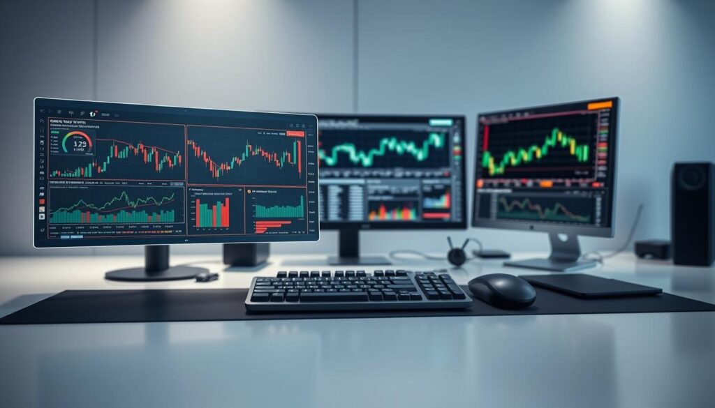Detailed technical analysis tools displayed on a sleek, modern desk. In the foreground, various cryptocurrency charts, indicators, and trading interfaces hover above the surface, illuminated by soft, directional lighting. In the middle ground, a keyboard, mouse, and other peripherals suggest an active, engaged workspace. The background showcases a minimalist, high-tech environment with clean lines, muted colors, and subtle reflections, creating a sense of focus and professionalism. The overall atmosphere conveys the precision and rigor required for successful crypto trading and analysis.