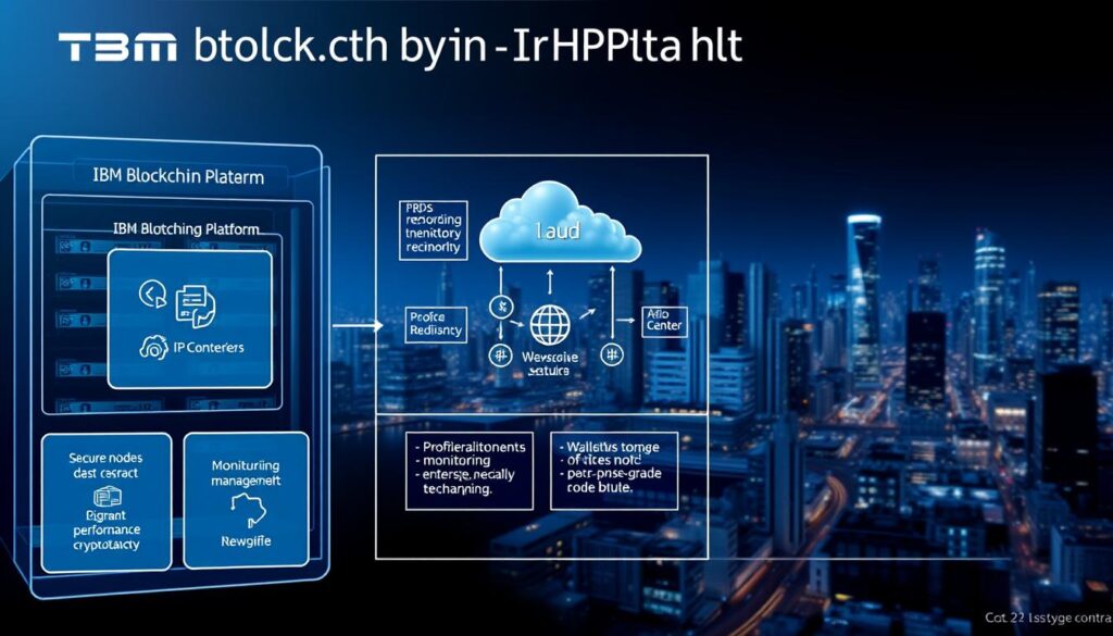 Detailed technical blueprint of the IBM Blockchain Platform architecture. In the foreground, a sleek, futuristic data center showcasing the core components: secure nodes, smart contracts, and high-performance cryptography. In the middle ground, a cluster of cloud-based services for provisioning, monitoring, and managing the blockchain network. In the background, a cityscape of skyscrapers representing the global reach and enterprise-grade scale of the platform. Bright, cool lighting illuminates the scene, conveying a sense of innovation and reliability. Captured from a slightly elevated angle to emphasize the platform's comprehensive, multi-layered design.