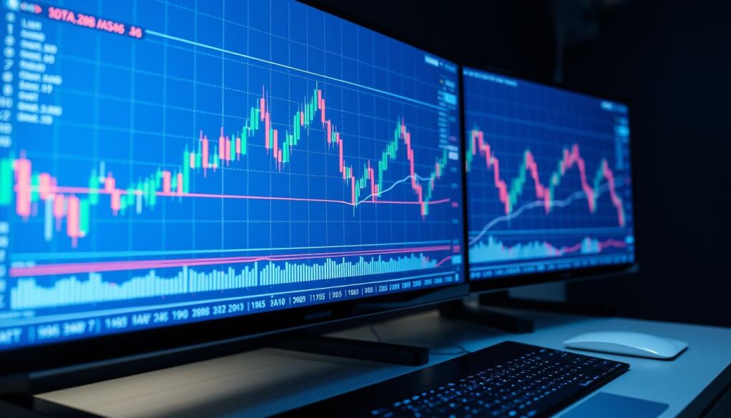 Detailed trading chart setup with candlestick patterns, technical indicators, and moving averages displayed on multiple screen panels. Sleek, minimalist interface in shades of blue and gray. Crisp, high-resolution display with precise lines and clean typography. Soft, directional lighting creates depth and highlights key elements. Camera positioned at a dynamic angle to convey a sense of active market analysis. Subtle metallic accents and reflective surfaces add a professional, technological aesthetic. The overall mood is one of focused, data-driven decision-making in the cryptocurrency trading environment. Detailed trading chart setup with candlestick patterns, technical indicators, and moving averages displayed on multiple screen panels. Sleek, minimalist interface in shades of blue and gray. Crisp, high-resolution display with precise lines and clean typography. Soft, directional lighting creates depth and highlights key elements. Camera positioned at a dynamic angle to convey a sense of active market analysis. Subtle metallic accents and reflective surfaces add a professional, technological aesthetic. The overall mood is one of focused, data-driven decision-making in the cryptocurrency trading environment.