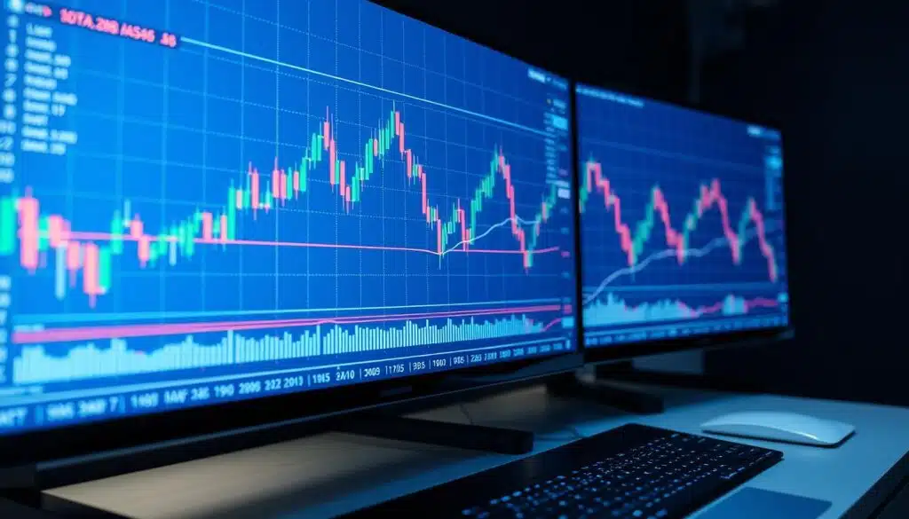 Detailed trading chart setup with candlestick patterns, technical indicators, and moving averages displayed on multiple screen panels. Sleek, minimalist interface in shades of blue and gray. Crisp, high-resolution display with precise lines and clean typography. Soft, directional lighting creates depth and highlights key elements. Camera positioned at a dynamic angle to convey a sense of active market analysis. Subtle metallic accents and reflective surfaces add a professional, technological aesthetic. The overall mood is one of focused, data-driven decision-making in the cryptocurrency trading environment. Detailed trading chart setup with candlestick patterns, technical indicators, and moving averages displayed on multiple screen panels. Sleek, minimalist interface in shades of blue and gray. Crisp, high-resolution display with precise lines and clean typography. Soft, directional lighting creates depth and highlights key elements. Camera positioned at a dynamic angle to convey a sense of active market analysis. Subtle metallic accents and reflective surfaces add a professional, technological aesthetic. The overall mood is one of focused, data-driven decision-making in the cryptocurrency trading environment.