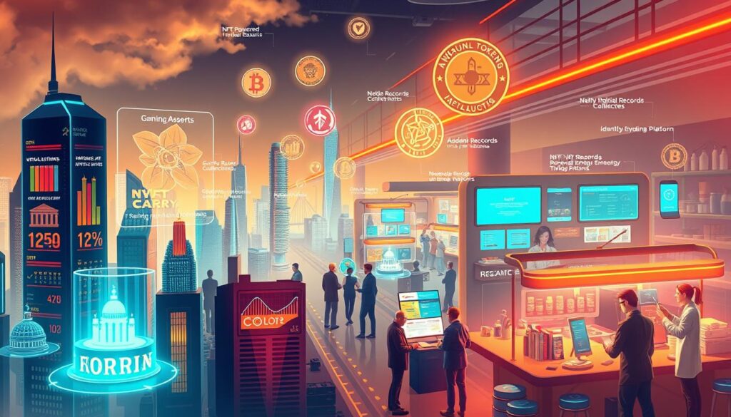 High quality digital illustration of various non-fungible token (NFT) applications across different industries, showcasing their diverse use cases. In the foreground, a futuristic cityscape with holographic displays showcasing NFT-powered virtual real estate, digital art auctions, and supply chain tracking. In the middle ground, a bustling marketplace with people interacting with NFT-based gaming assets, collectibles, and identity verification systems. In the background, a research lab with scientists analyzing NFT-based medical records, academic certificates, and renewable energy trading platforms. The scene is bathed in a warm, neon-infused lighting, creating a sense of innovation and technological advancement. The overall mood is one of excitement and possibility, highlighting the transformative potential of NFTs in shaping the digital economy. High quality digital illustration of various non-fungible token (NFT) applications across different industries, showcasing their diverse use cases. In the foreground, a futuristic cityscape with holographic displays showcasing NFT-powered virtual real estate, digital art auctions, and supply chain tracking. In the middle ground, a bustling marketplace with people interacting with NFT-based gaming assets, collectibles, and identity verification systems. In the background, a research lab with scientists analyzing NFT-based medical records, academic certificates, and renewable energy trading platforms. The scene is bathed in a warm, neon-infused lighting, creating a sense of innovation and technological advancement. The overall mood is one of excitement and possibility, highlighting the transformative potential of NFTs in shaping the digital economy.