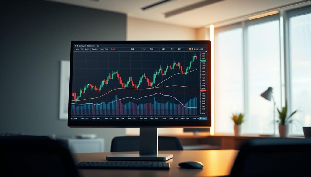Implementing Cryptocurrency Chart Analysis Trend Lines. A detailed 3D render of a cryptocurrency trading chart on a computer screen. The chart displays various trend lines, with different colors and angles, overlaying the price data. The screen is illuminated by a warm, diffused light from the side, casting subtle shadows and highlights on the chart elements. The surrounding environment is a modern, minimalist office setting with a neutral color palette, focusing the viewer's attention on the chart analysis. The perspective is slightly elevated, giving a clear and comprehensive view of the chart and trend line implementation. The overall mood is one of focused analysis and data-driven decision-making. Implementing Cryptocurrency Chart Analysis Trend Lines. A detailed 3D render of a cryptocurrency trading chart on a computer screen. The chart displays various trend lines, with different colors and angles, overlaying the price data. The screen is illuminated by a warm, diffused light from the side, casting subtle shadows and highlights on the chart elements. The surrounding environment is a modern, minimalist office setting with a neutral color palette, focusing the viewer's attention on the chart analysis. The perspective is slightly elevated, giving a clear and comprehensive view of the chart and trend line implementation. The overall mood is one of focused analysis and data-driven decision-making.