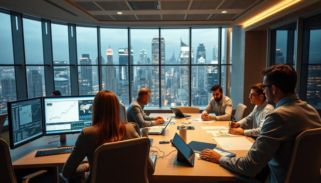 Institutional adoption of AI trading, a scene of progress and innovation. In the foreground, a team of analysts studying complex financial models on sleek workstations, their faces illuminated by the glow of screens. In the middle ground, a large boardroom table where executives discuss the strategic implementation of AI-driven trading algorithms, their expressions focused and determined. The background reveals the impressive architecture of a modern financial institution, with floor-to-ceiling windows offering a panoramic view of the bustling city skyline. Soft, warm lighting casts a subtle glow, creating an atmosphere of professionalism and technological prowess. The overall impression is one of a forward-thinking industry embracing the transformative power of artificial intelligence. Institutional adoption of AI trading, a scene of progress and innovation. In the foreground, a team of analysts studying complex financial models on sleek workstations, their faces illuminated by the glow of screens. In the middle ground, a large boardroom table where executives discuss the strategic implementation of AI-driven trading algorithms, their expressions focused and determined. The background reveals the impressive architecture of a modern financial institution, with floor-to-ceiling windows offering a panoramic view of the bustling city skyline. Soft, warm lighting casts a subtle glow, creating an atmosphere of professionalism and technological prowess. The overall impression is one of a forward-thinking industry embracing the transformative power of artificial intelligence.