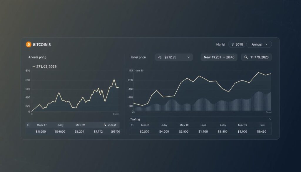 Monthly and annual price statistics visualized as a sleek, modern financial dashboard. The foreground displays a clean, minimalist design with line graphs tracking Bitcoin's price movement over the past year, accompanied by key metrics like trading volume and market capitalization. The middle ground showcases a year-over-year price comparison, highlighting monthly highs, lows, and average prices. The background features a subtle, gradient-based pattern evoking a sense of digital technology and data analytics. The overall composition conveys a professional, data-driven aesthetic suitable for a financial report or analysis.