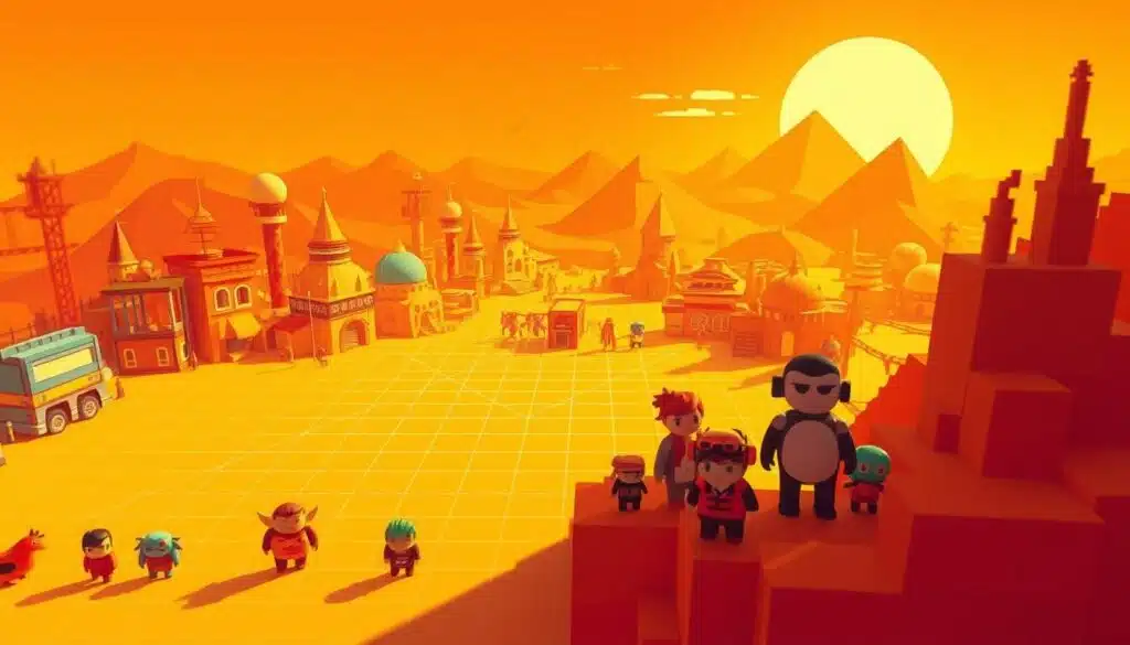 Pixel art NFT fundamentals: A vibrant 8-bit landscape, bathed in warm hues of orange and yellow. In the foreground, a collection of pixelated characters, each with distinct personalities, stand proudly against a backdrop of retro-inspired buildings and structures. The middle ground features a grid-like pattern, representing the modular nature of pixel art, while the distant horizon is adorned with low-poly mountains, creating a sense of depth and dimensionality. The lighting is soft and diffused, casting gentle shadows that accentuate the crisp, geometric shapes. The overall atmosphere conveys a nostalgic, playful, and technologically-driven vibe, capturing the essence of pixel art and its role in the evolving world of NFTs.