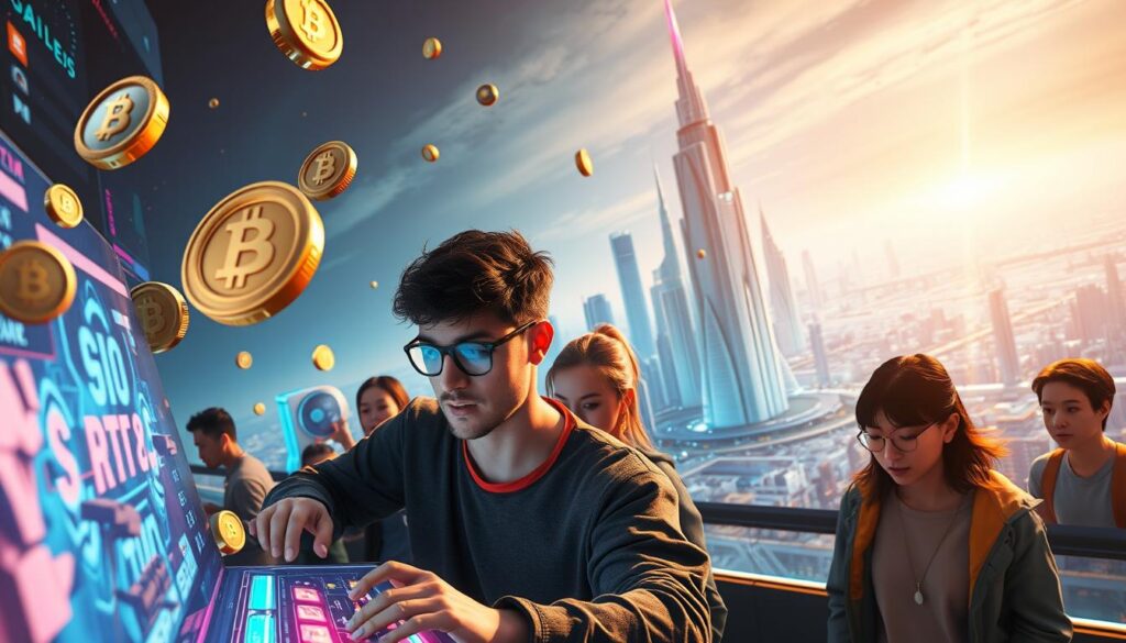 Prompt A vibrant, hyper-realistic scene depicting the mechanics of a play-to-earn NFT game. In the foreground, a group of players engage with a virtual game interface, their expressions focused and intent. Intricate 3D models of digital assets, including cryptocurrencies and game items, float around them, creating a sense of interactivity. The middle ground features a futuristic cityscape, with towering skyscrapers and holograms showcasing in-game progress and rewards. The background is a vast, luminous landscape, conveying the endless possibilities of the play-to-earn ecosystem. The lighting is warm and dynamic, emphasizing the energy and excitement of the experience. Captured with a wide-angle lens to encompass the grand scale of the scene.