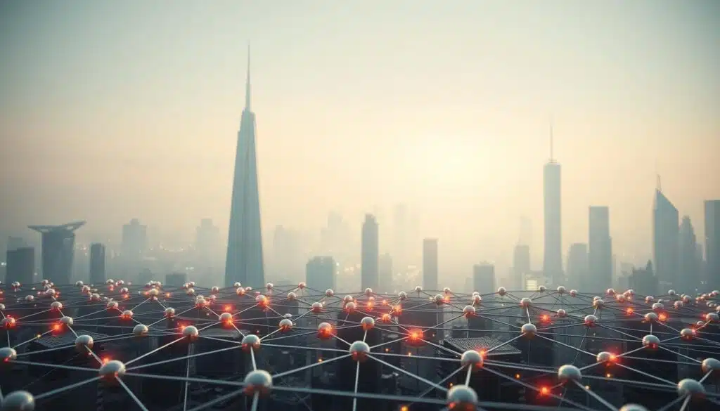 Render network: a decentralized, distributed GPU rendering marketplace. In the foreground, a network of interconnected nodes, each representing a powerful graphics processing unit (GPU) contributing its computational power. The nodes are arranged in a grid, with dynamic connections pulsing between them, visualizing the flow of rendering tasks. In the middle ground, a sleek, modern blockchain interface hovers, showcasing the platform's real-time monitoring and management capabilities. The background features a hazy, futuristic cityscape, its towering skyscrapers and shimmering lights symbolizing the vast, global scale of the Render Network's decentralized infrastructure. Soft, diffused lighting casts an ethereal glow, evoking a sense of technological innovation and the seamless integration of blockchain technology into everyday life. Render network: a decentralized, distributed GPU rendering marketplace. In the foreground, a network of interconnected nodes, each representing a powerful graphics processing unit (GPU) contributing its computational power. The nodes are arranged in a grid, with dynamic connections pulsing between them, visualizing the flow of rendering tasks. In the middle ground, a sleek, modern blockchain interface hovers, showcasing the platform's real-time monitoring and management capabilities. The background features a hazy, futuristic cityscape, its towering skyscrapers and shimmering lights symbolizing the vast, global scale of the Render Network's decentralized infrastructure. Soft, diffused lighting casts an ethereal glow, evoking a sense of technological innovation and the seamless integration of blockchain technology into everyday life.