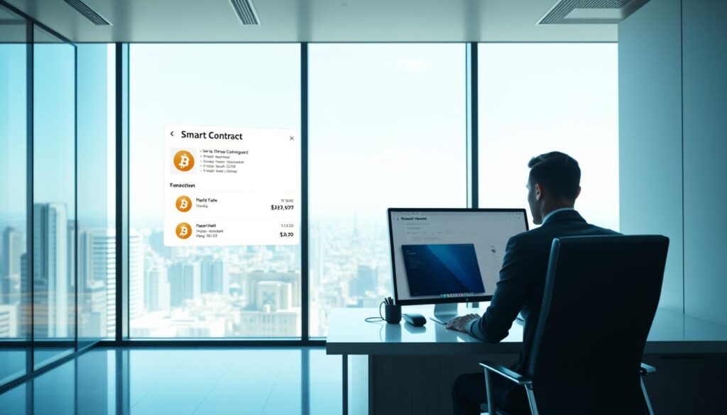 Sleek, modern office interior with clean lines and minimalist design. In the foreground, a computer screen displays a smart contract interface, with digital cryptocurrency icons and transaction details. In the middle ground, a person in business attire sits at a desk, intently focused on the screen, symbolizing the implementation of the smart contract. The background features large windows overlooking a bustling cityscape, conveying a sense of progress and technological innovation. The overall lighting is bright and natural, creating a professional and efficient atmosphere. Cinematic, high-resolution, 4K. Sleek, modern office interior with clean lines and minimalist design. In the foreground, a computer screen displays a smart contract interface, with digital cryptocurrency icons and transaction details. In the middle ground, a person in business attire sits at a desk, intently focused on the screen, symbolizing the implementation of the smart contract. The background features large windows overlooking a bustling cityscape, conveying a sense of progress and technological innovation. The overall lighting is bright and natural, creating a professional and efficient atmosphere. Cinematic, high-resolution, 4K.